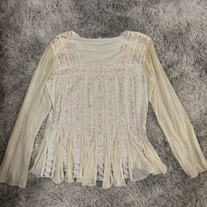 Elegant Vintage Cream and Pink Embellished Women's Top